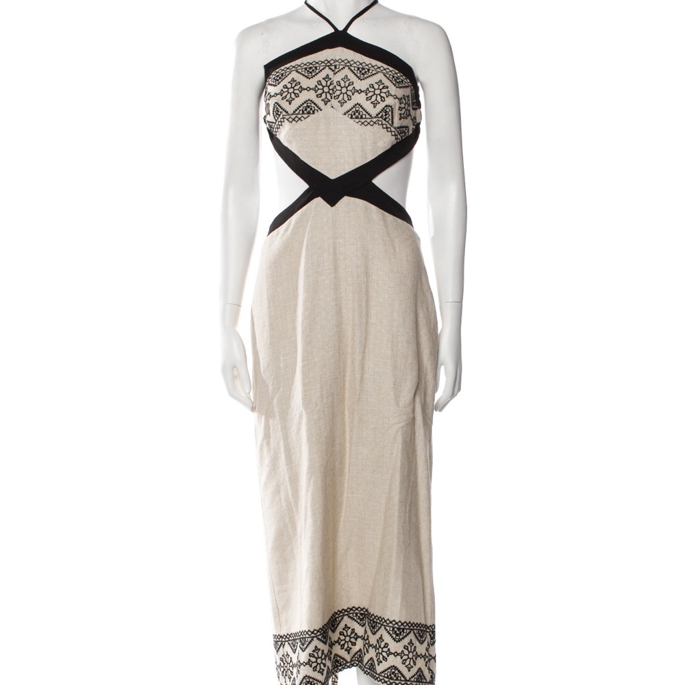 PatBO Black and Cream Long Sleeve Halter Sheath Dress